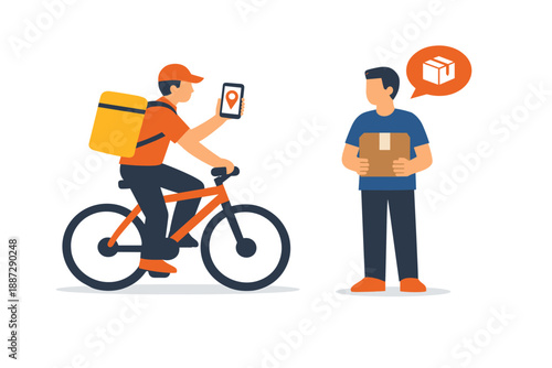 Bicycle courier delivering package to customer with app tracking service