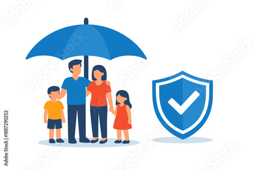 Happy family under umbrella symbolizing protection and security