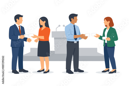 Business professionals exchanging cards near podium