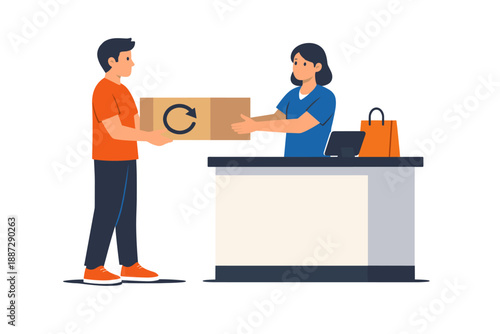 Young adult return exchange – male returning package to female clerk at store counter