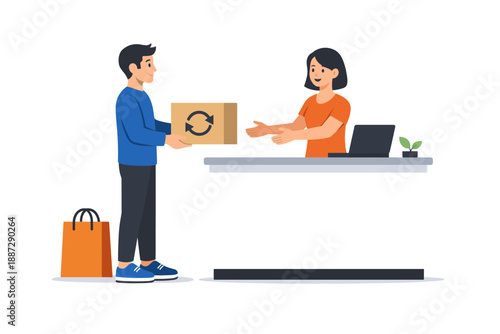 Male customer returning package to asian female clerk at store counter