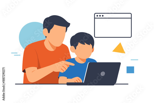 Father teaching son computer skills in modern workspace setting