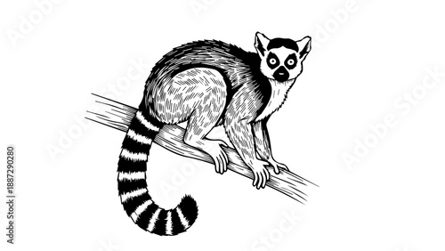 Black and white illustration of a lemur perched on a branch