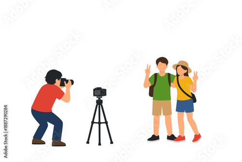 Asian male photographer captures caucasian teen friends posing outdoors