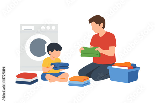 Caucasian male adult and asian male child folding laundry together in laundry room