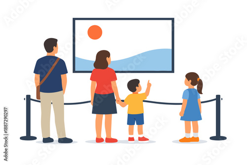 Family observing art in museum: caucasian adults and children engaged with artwork