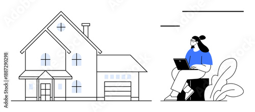 Remote work concept. A woman using a laptop outside near a modern home, signifying remote work lifestyle. Remote work optimizing productivity and flexible living. For technology, productivity tools