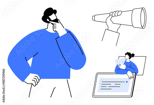 Strategic thinking. A person contemplates decisions and explores opportunities using tools thumbs up a telescope and a tablet. Strategic thinking aids in better planning and problem-solving. Perfect