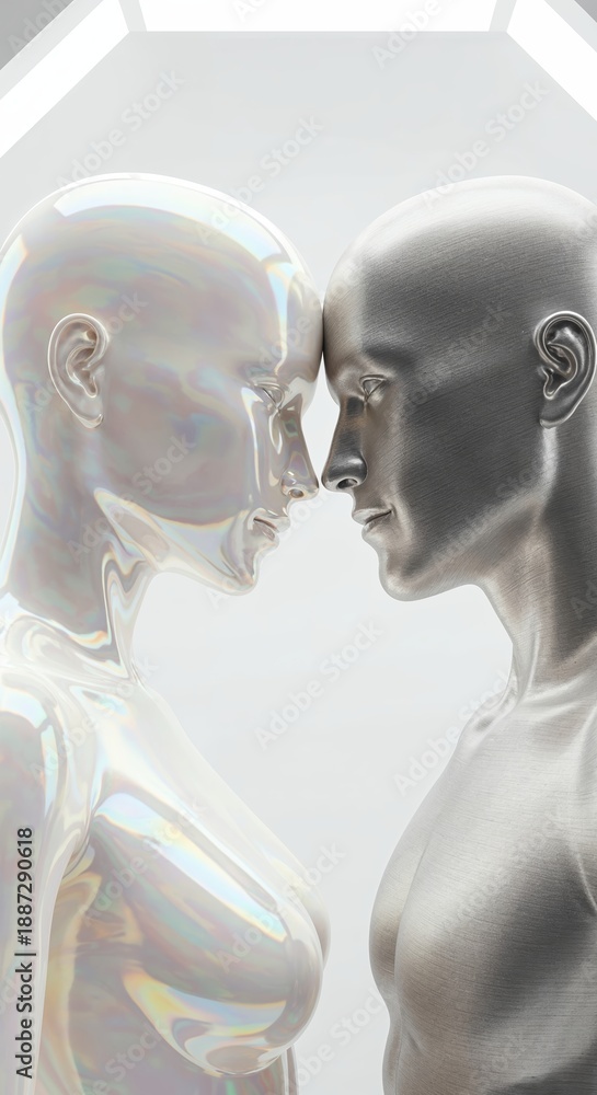 Obraz premium A pearlescent female figure and a brushed silver male figure gently touch foreheads against a bright minimalist background, symbolizing connection, duality, and the future of relationships.