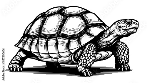 Black and white illustration of a turtle in side profile with intricate shell patterns