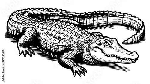 Black and white illustration of a dynamic alligator in a commanding pose