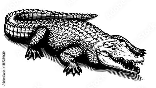 Black and white illustration of an alligator with open mouth and detailed scales