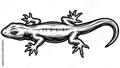 Black and white illustration of a lizard with detailed scales and anatomical features