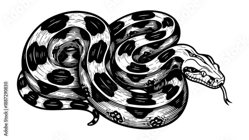 Black and white illustration of a coiled snake with intricate textures and detailed scales
