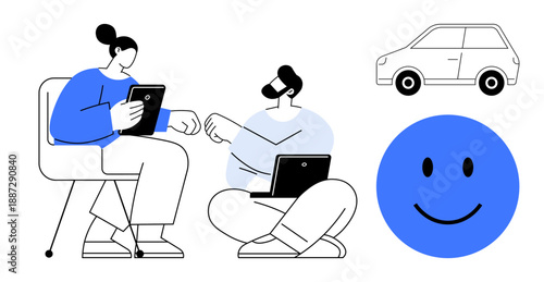 Collaboration concept. Teamwork discussion with devices promoting communication. Collaboration enhancing creativity and connections. For team projects, apps, workspaces, social platforms