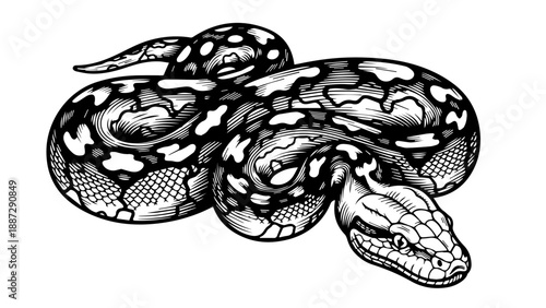 Black and white illustration of a coiled snake with intricate scales and open mouth