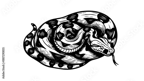 High-contrast black-and-white illustration of a coiled snake with detailed scales and patterns