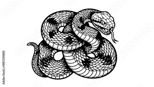 Black and white illustration of a coiled snake with intricate scales