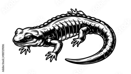 Black and white illustration of a lizard in an alert pose with detailed scales