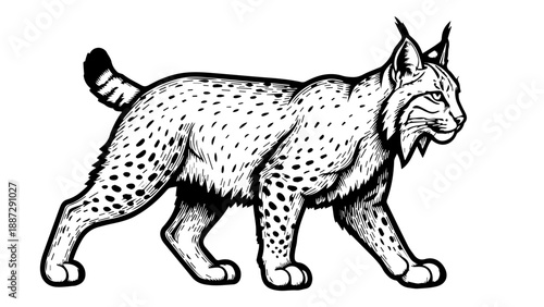 Black and white illustration of a lynx in mid-stride with spotted fur