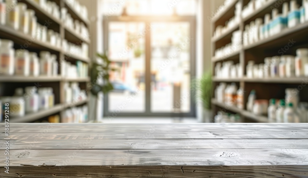 Obraz premium A bright, inviting interior of a shop with shelves of products, featuring a wooden table in the foreground and a view of the entrance in the background.
