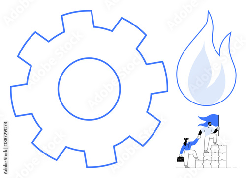 Business operations, teamwork synergy, support, motivation, problem-solving, innovation. Large gear and flame symbol with two individuals helping each other climb boxes. Teamwork synergy and support