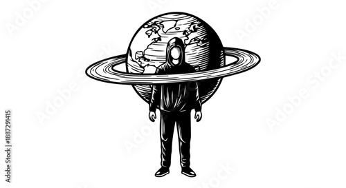 Astronaut in a spacesuit standing in front of Saturn in a black-and-white illustration