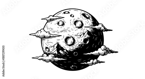 Black and white illustration of a celestial body with craters and wispy clouds