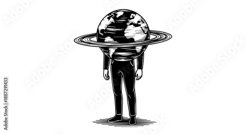 Stylized human figure carrying the Earth on shoulders in black and white illustration