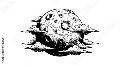 High-contrast black-and-white illustration of a celestial body with deep craters and radiating debris
