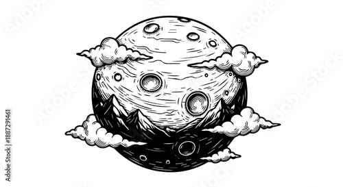 Black and white illustration of a celestial sphere with craters and surrounding clouds