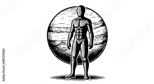 Black and white illustration of a male figure standing in front of a celestial body