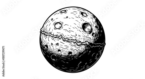 High-contrast monochromatic illustration of a cratered celestial body with ridges and valleys