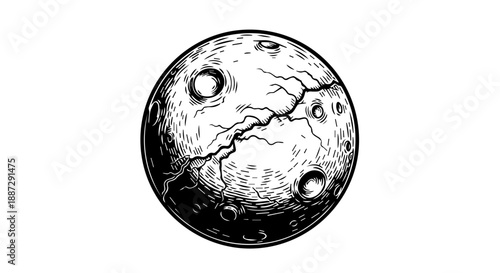 High-contrast black-and-white illustration of the moon's cratered surface