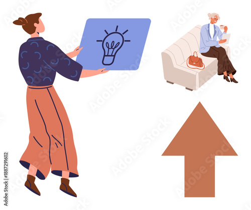Innovation, idea sharing, intergenerational communication, creativity, progress, motivation. Woman holding light bulb symbol board, elderly woman seated on a sofa. Innovation and idea sharing concept