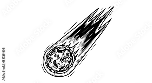 Black and white illustration of a meteor streaking across the sky with hatching and cross-hatching techniques