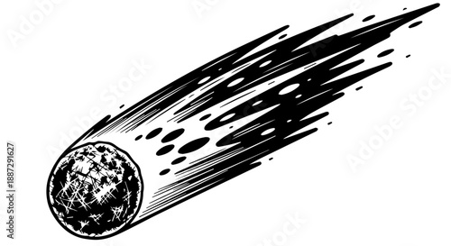 Black and white illustration of a comet in dynamic motion with a rugged, rocky surface and a wispy tail