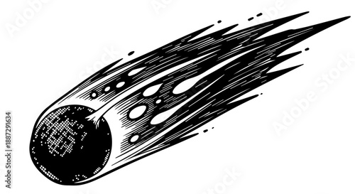 Black and white illustration of a comet with a flowing tail in dynamic motion