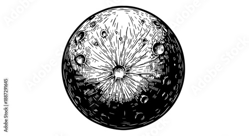 High-contrast black-and-white illustration of the moon with detailed cratered surface and textured terrain