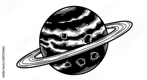High-contrast black-and-white illustration of a celestial planet with intricate surface details and layered rings