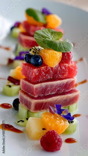 Artistic Food Dessert Concept Combining Meat and Fruit
