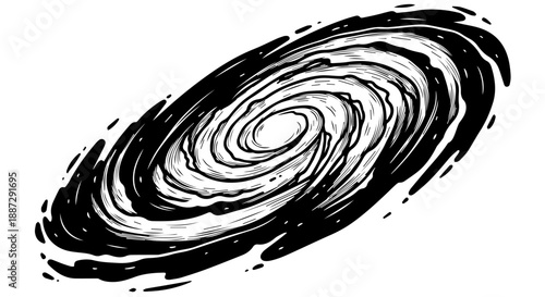 High-contrast black-and-white illustration of a spiral galaxy with intricate details