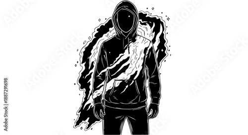 Black and white illustration of a male figure in a hooded sweatshirt with a diagonal pattern