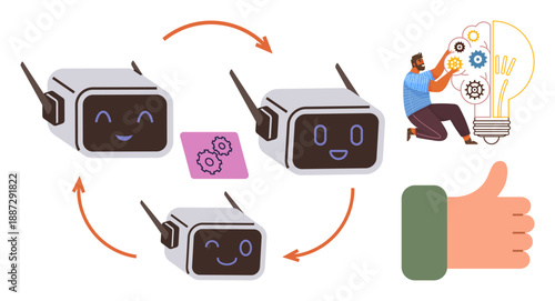 AI automation, innovation, robotics, teamwork, technological advancement, creativity. Robots with arrows, gear icons hand with thumbs up person fixing a bulb. AI automation and innovation concept