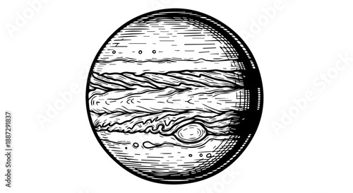 Black and white illustration of a volcanic planet with topographical details and text