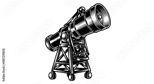 Black and white line art illustration of a telescope on a wheeled tripod stand