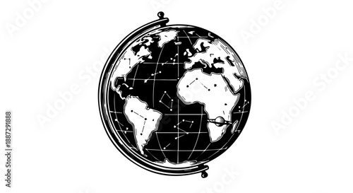 High-contrast black and white illustration of a detailed globe with cartographic mapping and constellations