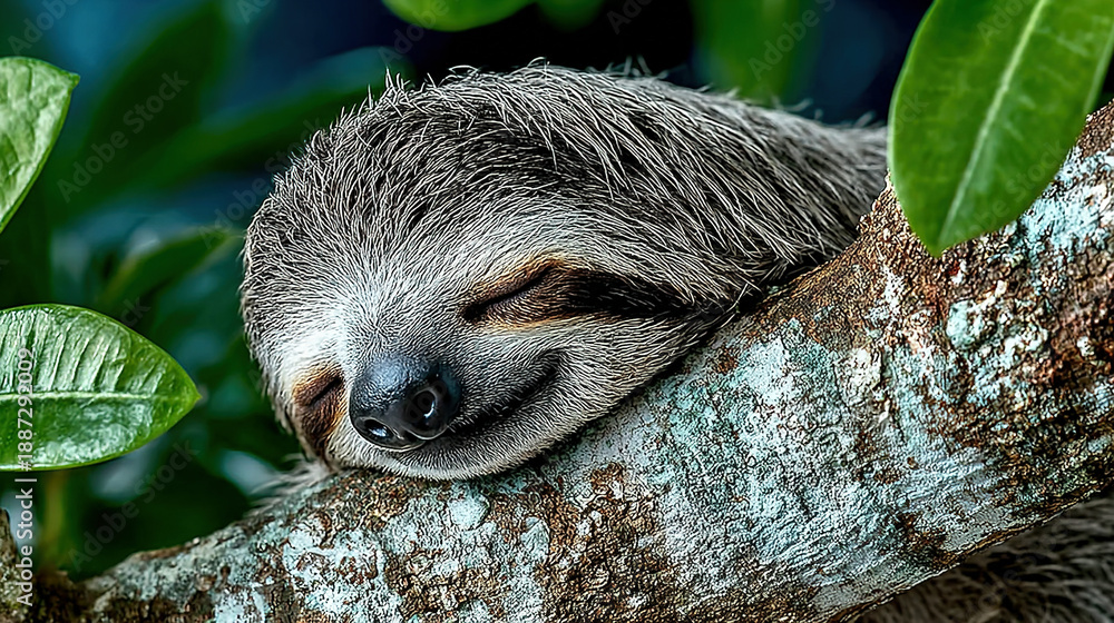 Obraz premium A sleeping sloth resting on a tree branch amidst green leaves.