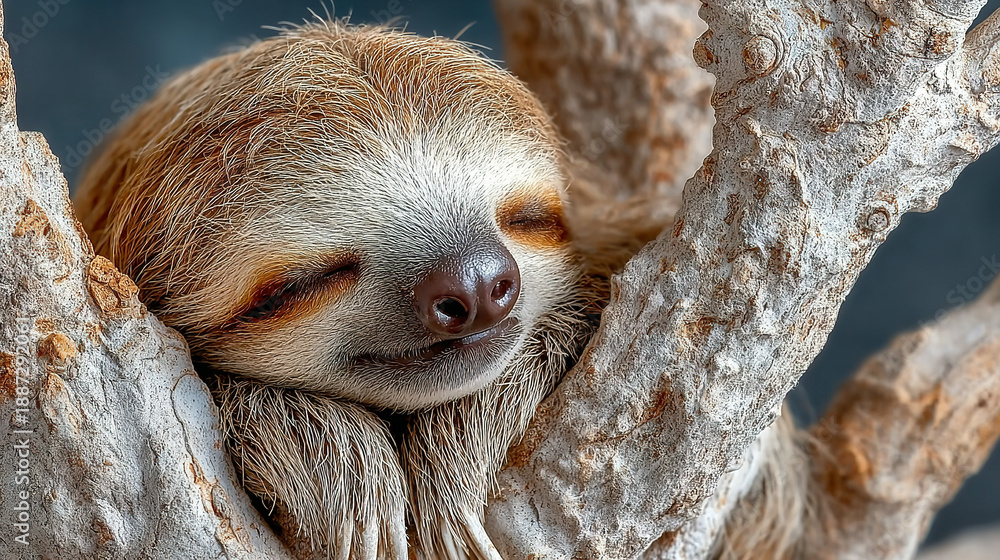 Obraz premium A sleeping sloth nestled in tree branches with closed eyes.