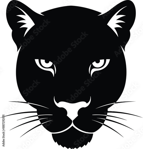 A black panther's face is depicted in a close-up illustration showcasing its intense gaze and distinctive features in a simple, graphic style.